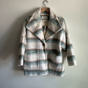 Anthropologie Cream and Teal Plaid Pea Coat